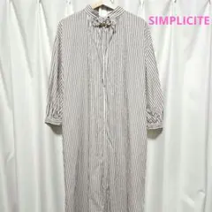 SIMPLICITEベージュストライプシャツワンピパールボタンコットン 2way