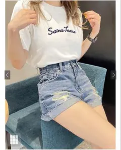 【 GRL 】 ダメージロールアップショートパンツ　ブルー　XSのサムネイル