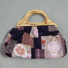 【一点物】和柄パッチワーク キルトバッグ 木製ハンドル 和柄 パッチワーク ハンドバッグ ブラウン - メルカリ