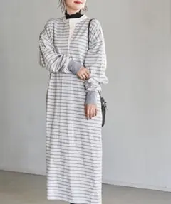 【coen】ラガーシャツディティール ロングワンピース ボーダー ヘンリーネック