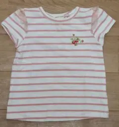 センスオブワンダー 80㎝ フリル袖 ピンクストライプTシャツ いちご刺繍