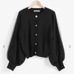 MAJESTIC LEGON パール釦チュールスリーブカーデ