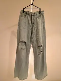 ライトブルーダメージワイドレッグデニム