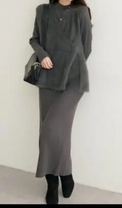 フェザーペプラムベスト+リブタイトワンピースSET Ｌグレー