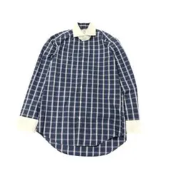 チェックシャツ　古着　長袖　ドレスシャツ　ネイビー　タイト　M 8B1