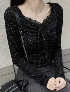 シーイン　DAZY ドット柄 レース 長袖 トップス