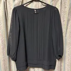 プリーツデザイン 七分袖ブラウス　黒7号