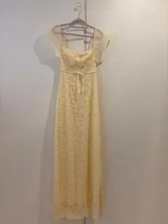 美品 イエローレースフレアスリーブドレス