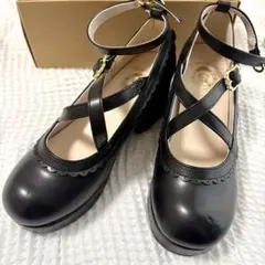 Amavel♡クロスストラップシューズ黒♡くま耳&しっぽリボン付き　パンプス