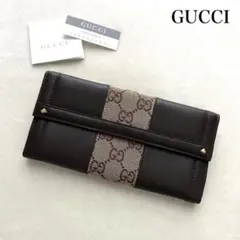 美品 GUCCI グッチ 長財布 レザー GGキャンバス ブラウン