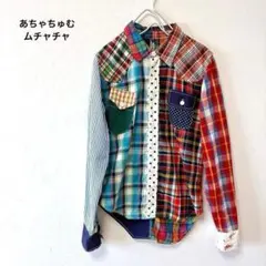 あちゃちゅむ ムチャチャ クレイジーパターン パッチワーク チェックシャツ長袖のサムネイル