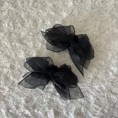 リボンヘアクリップ 2個セット ブラック チュール