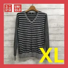 ユニクロ 長袖ニット 薄手 レディース XL ボーダー柄 クロ/グレー