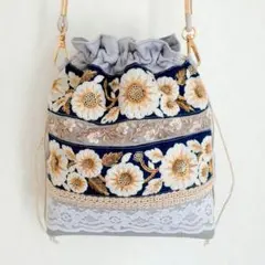 インド刺繍　ポシェット　ショルダーバッグ　インドリボン　巾着　バッグ