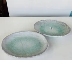 【新品未使用】2枚セット 笑和　司陶器　青釉　萬古焼　陶器　10号小判皿