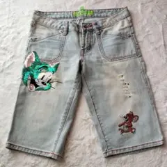 ラインストーンデニムトムとジェリー刺繍ダメージデニムスパンコール