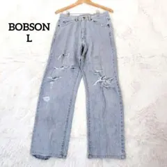 ボブソン デニムストレートパンツ(L)ジーンズ 薄青コットン ダメージ加工 大人