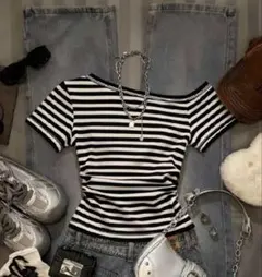 SHEIN ボーダー 半袖 Tシャツ ブラック ホワイト