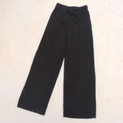 美品 極伸びプリーツワイドパンツ 黒 ブラックパンツ ウエストゴム