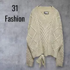 31.Fashion ケーブルニットセーター アイボリー バックリボン Vネック