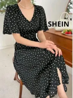 SHEIN Dazy バタフライスリーブ Vネック ドット ワンピース