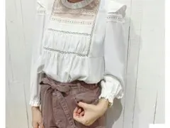 Flower レース付きホワイトブラウス 長袖