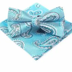 青いペイズリー柄 蝶ネクタイ　チーフ　セット　結婚式　イベント　ワンタッチ　格安