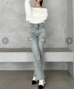 美品RESEXXY リゼクシー カットアウトリボンデニムパンツM アイスブルー