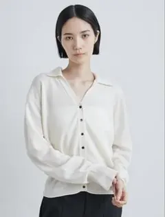 美品 ミースロエ MIESROHE シルクリネン混パイピングニットカーデ F