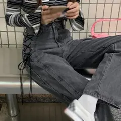 サイドレースアップ デニムパンツ グレー ワイド 韓国風 Y2K ハイウエスト