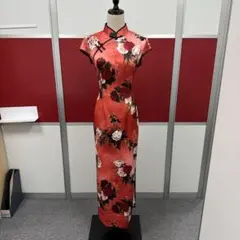 チャイナドレス ロング丈 花柄 レッドのサムネイル