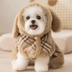 ベージュ チェック柄 フリース犬服　コート&ワンピースセット