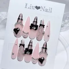 Ｎｏ．現品 ネイルチップハンドメイド ピンクチェック黒韓国ハートストーンリボン