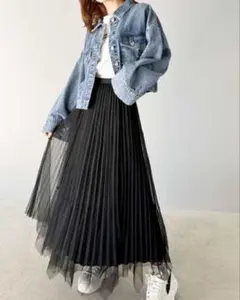 ふんわり大人フェミニン パール使いリバーシブル２wayチュールスカート　ブラック