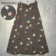 美品☆INGEBORG ドット&フラワー柄 ロングスカート 共布ベルト付 裏地付