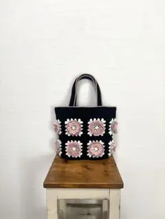 モチーフ編み　手編み　お花　コットン　バッグ　ハンドメイド　No.300