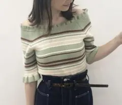 NICE CLAUP ナイスクラップ　オフショル風ボーダー柄トップス