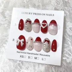 現品 ネイルチップ レース 推し活 赤ネイル 韓国ネイル 量産型メンカラリボン