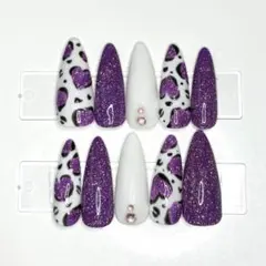 ギャルネイルチップ レオパード ヒョウ柄 ハート 紫 フラッシュ シズニルック