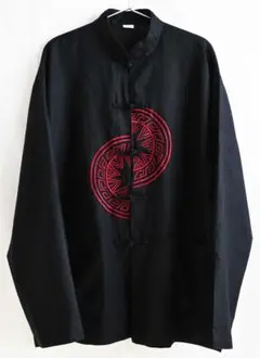 80s/アシンメトリー刺繍リネン製 チャイナジャケット/L/ブラック/陰陽/レア