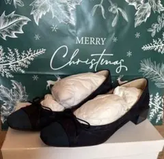 銀座かねまつ　ネイビー リボン付き 低ヒールパンプス