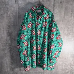 レトロ サンタクロース 総柄シャツ L クリスマス 長袖 グリーン 雪柄