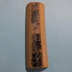 【煎茶道具】白竹仙媒（茶合） 山水彫刻 落款・貼り紙付き保護箱のサムネイル