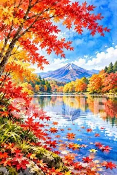 1905 紅葉 富士山 水彩画風 デジタルアート 秋景色 湖畔 インテリア
