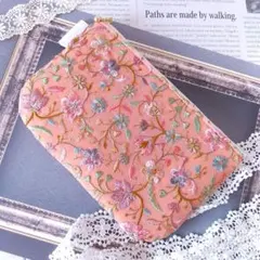【1058】インド刺繍生地　フラットポーチ　ハンドメイド