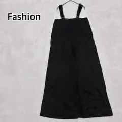 大人可愛い サロペット ワイドパンツ 黒 ゆったり 体型カバー 春夏秋i5262