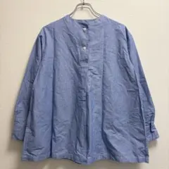 最終価格 無印良品 ノーカラー 和紙混 ブラウス ストライプ M ブルー×白のサムネイル