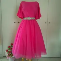 ピンク フレアスリーブ Aラインパーティードレス