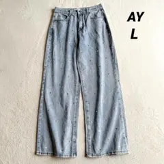 【AY】ワイドデニム ルーズ ジーンズ (Ｌ) ハート柄 ライトブルー