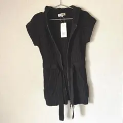 MICHEL KLEIN フロントジップリボン付きリブニット半袖チュニック黒新品